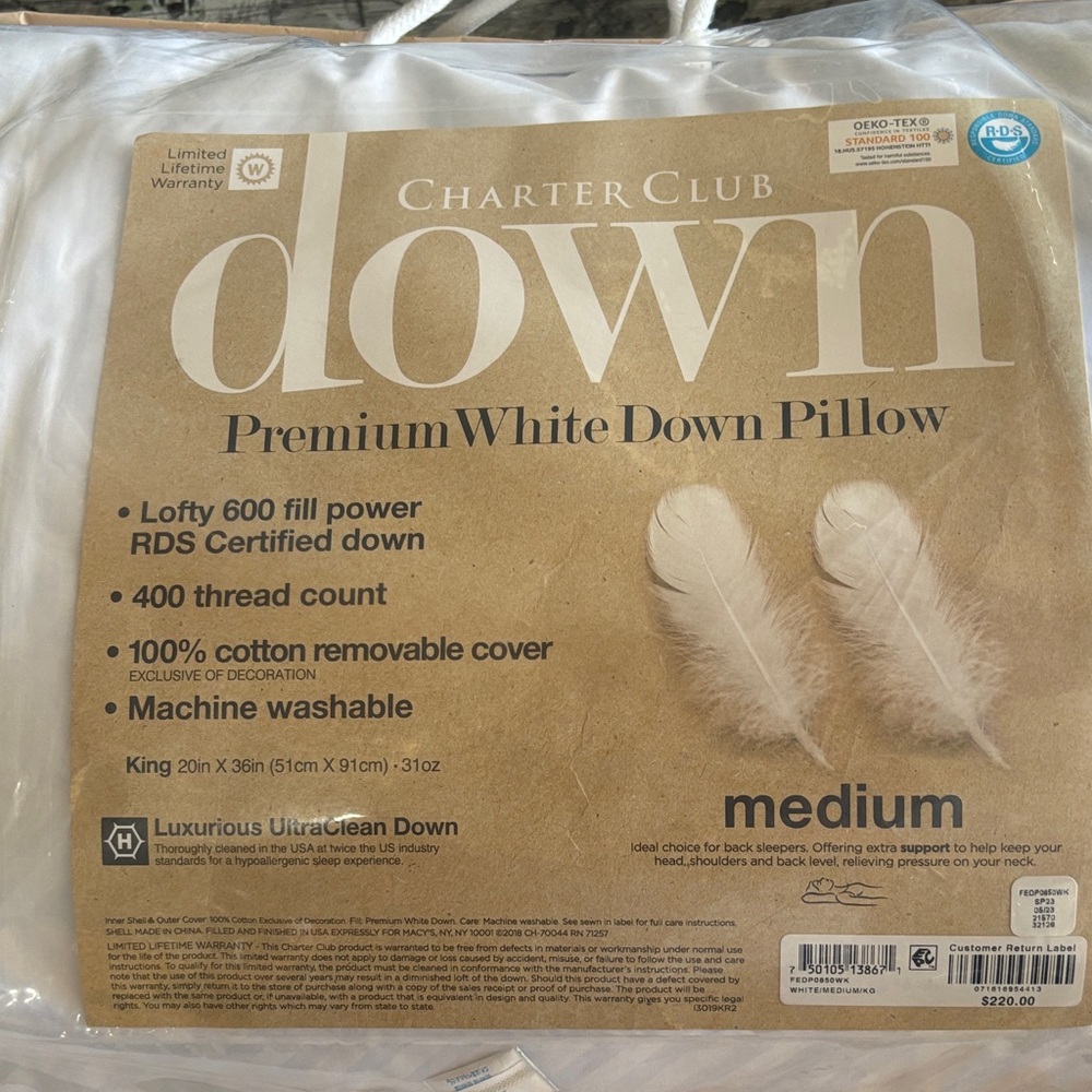 Charter Club Down Pillow with White Cover